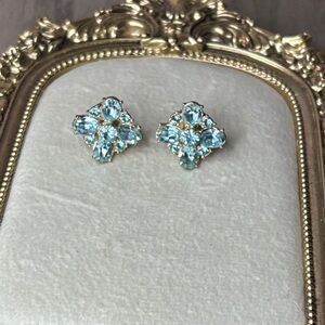 Elegant Gold-tone faux aquamarine flower clip Gemstone Earrings